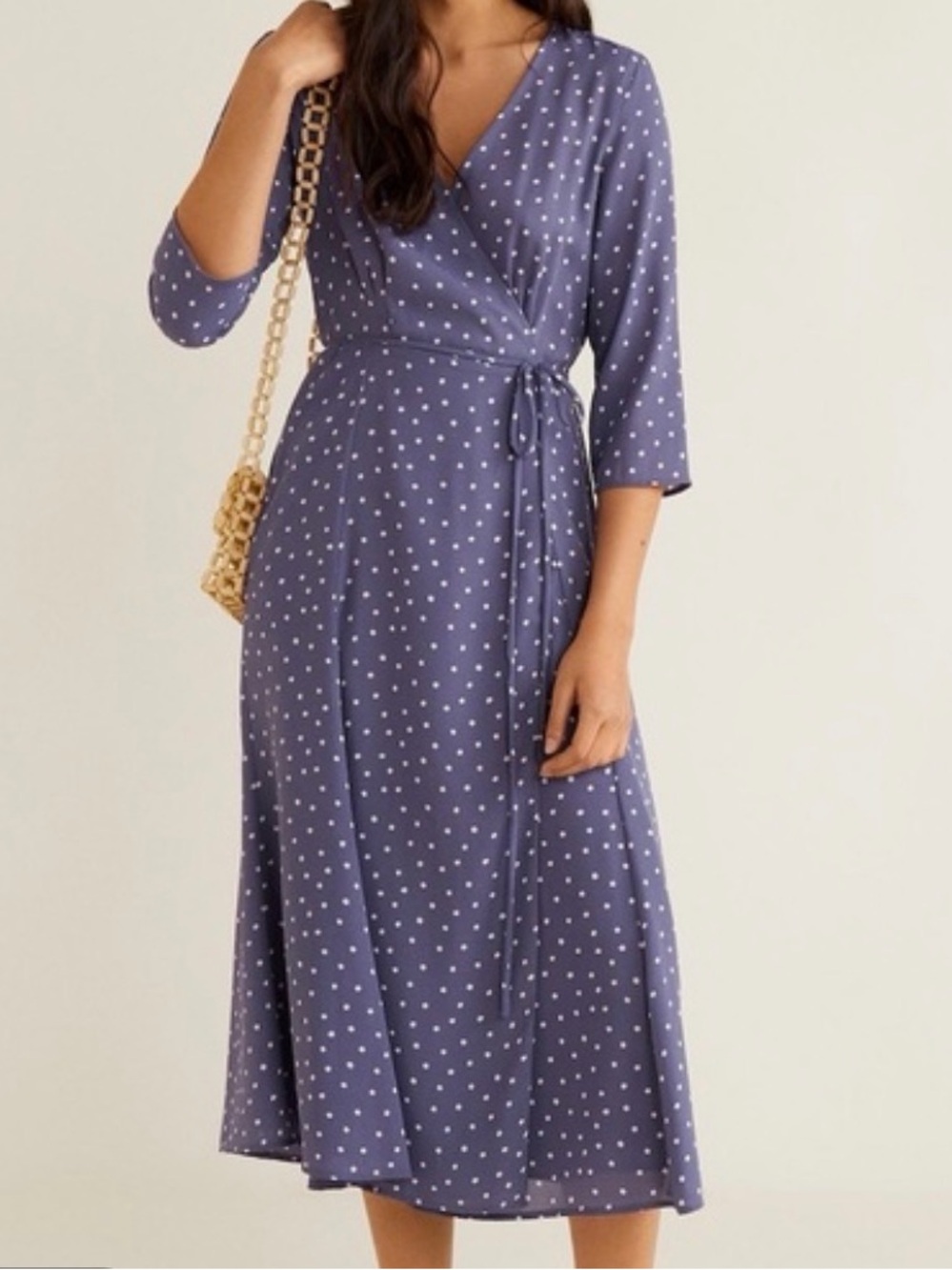 Mango Periwinkle Polka Dot Wrap Midi Dress